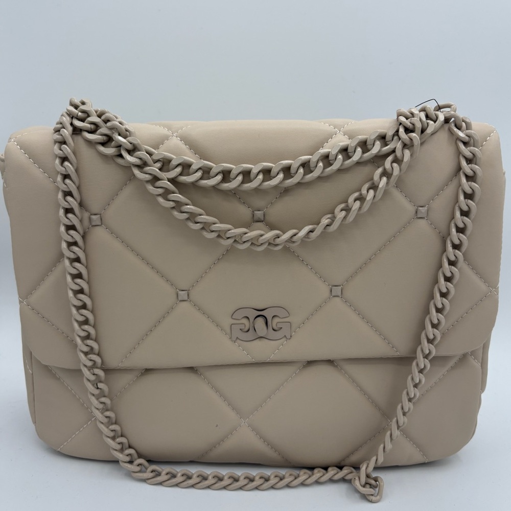Elegant Beige Quilted Shoulder Bag with Chain by POG